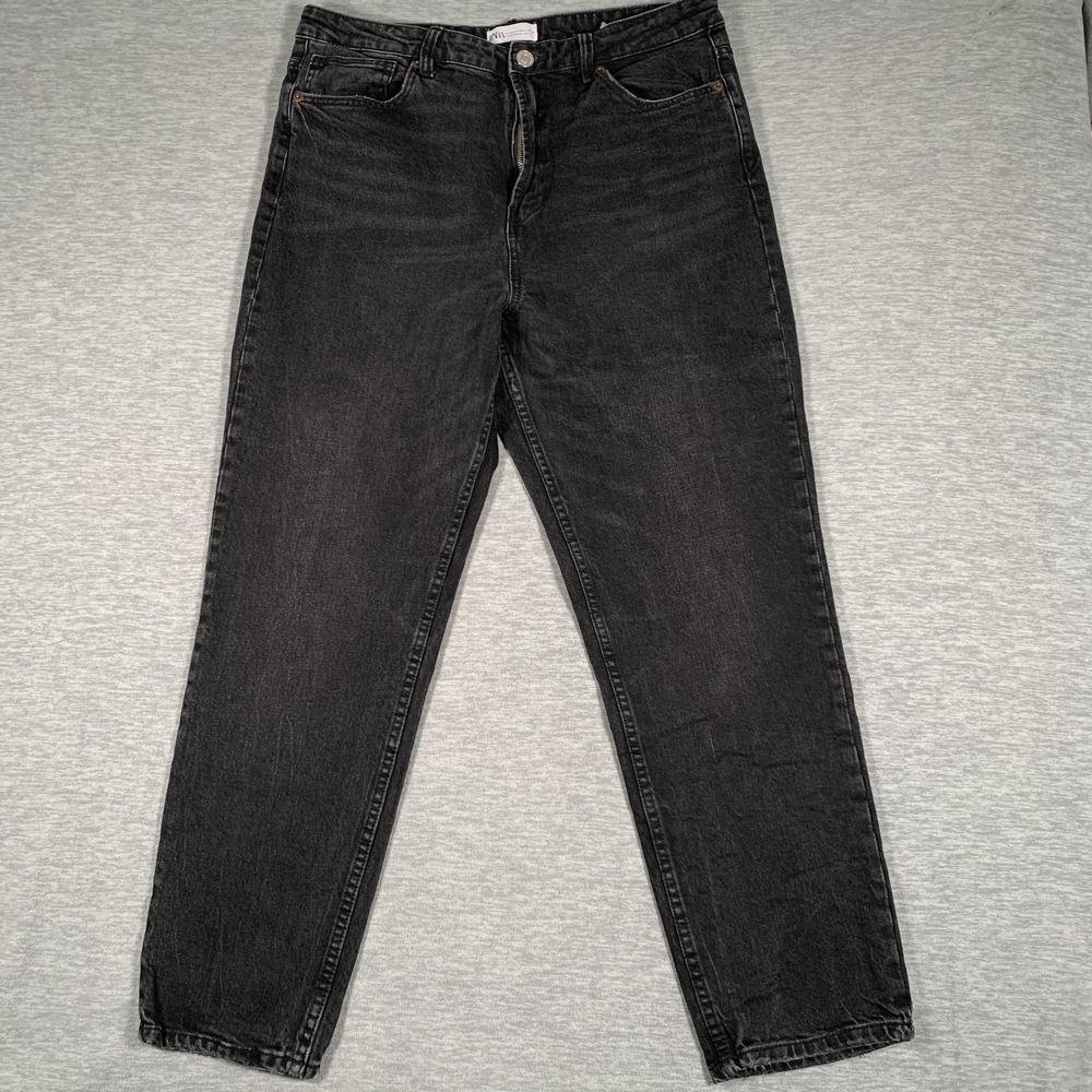 Zara Jeans Womens 12 Gray‎ High Rise Tapered Leg Charcoal Wash Stretch Denim